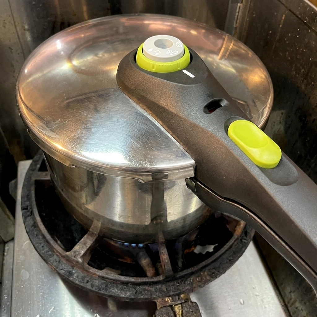 Una pentola a pressione sigillata su un fornello a gas con la fiamma accesa.