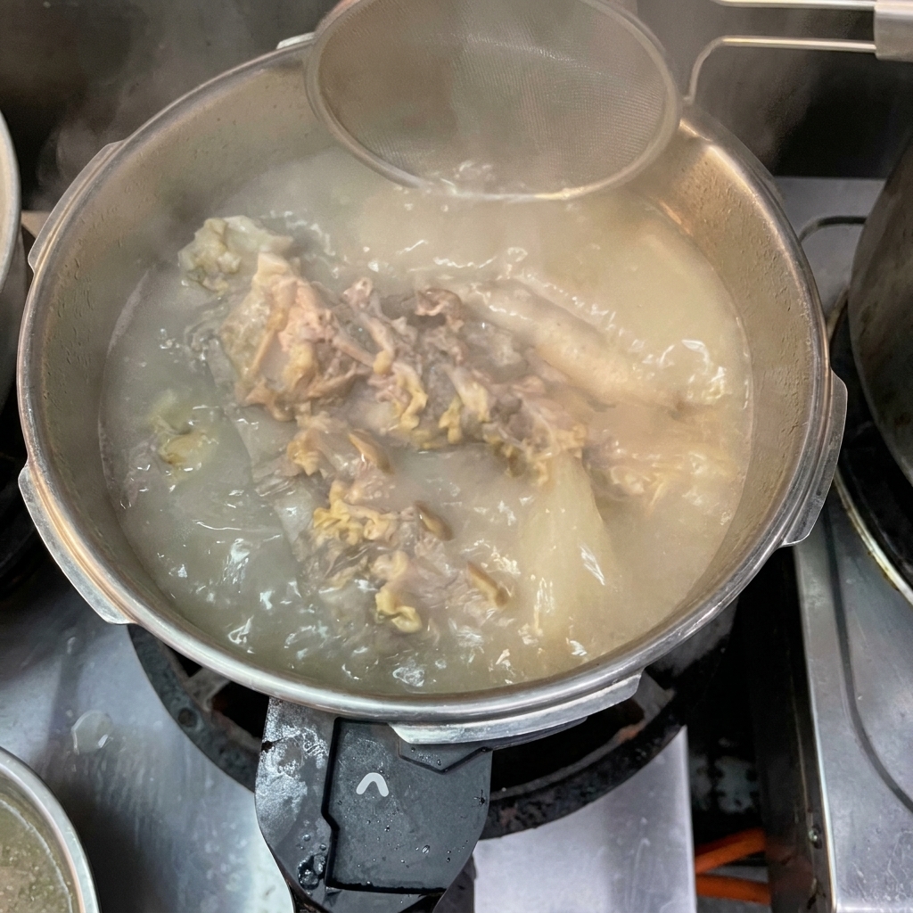 Interno della pentola a pressione aperta con brodo chiaro bollente e ossa ammorbidite.