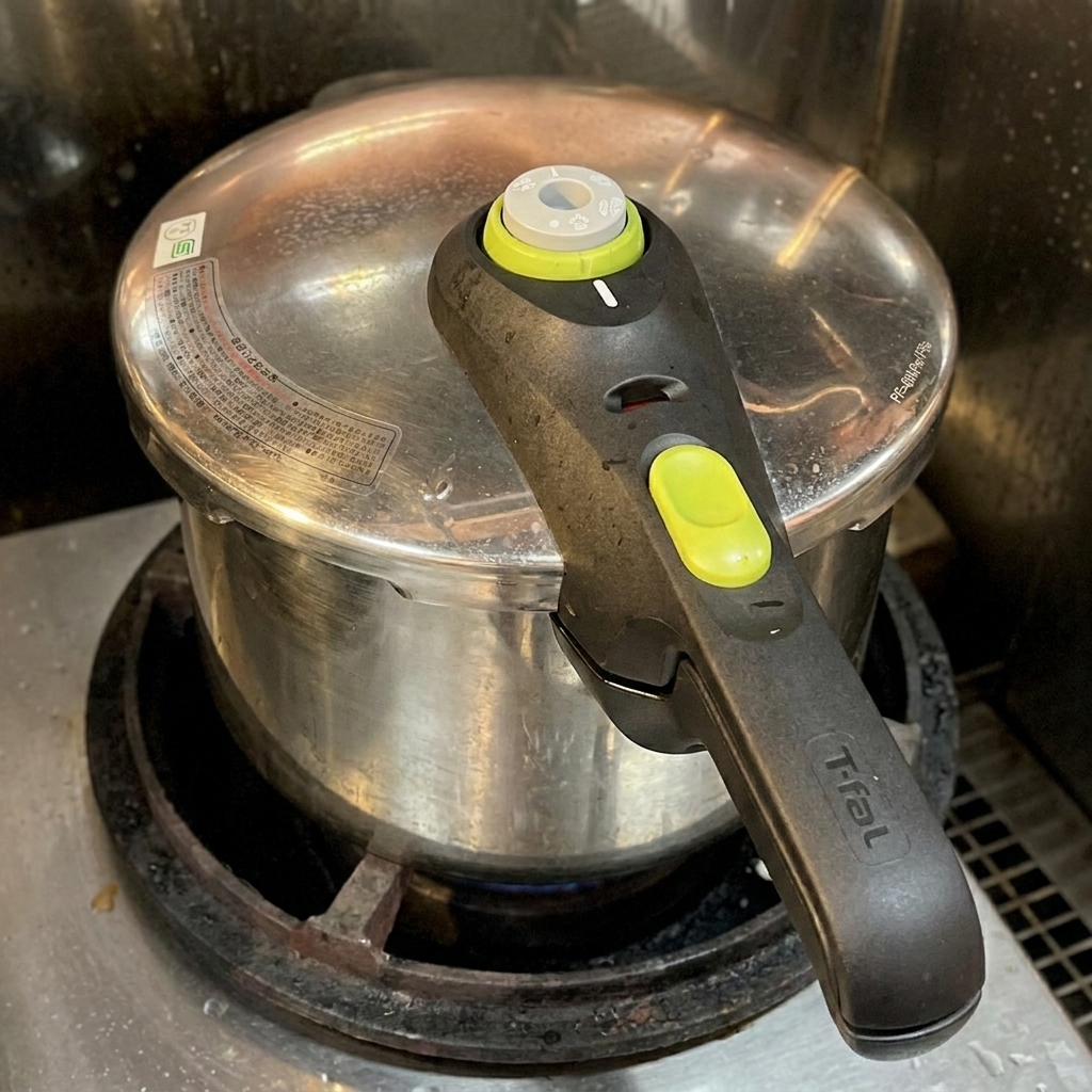 Pentola a pressione in acciaio inox con coperchio sigillato su un fornello.