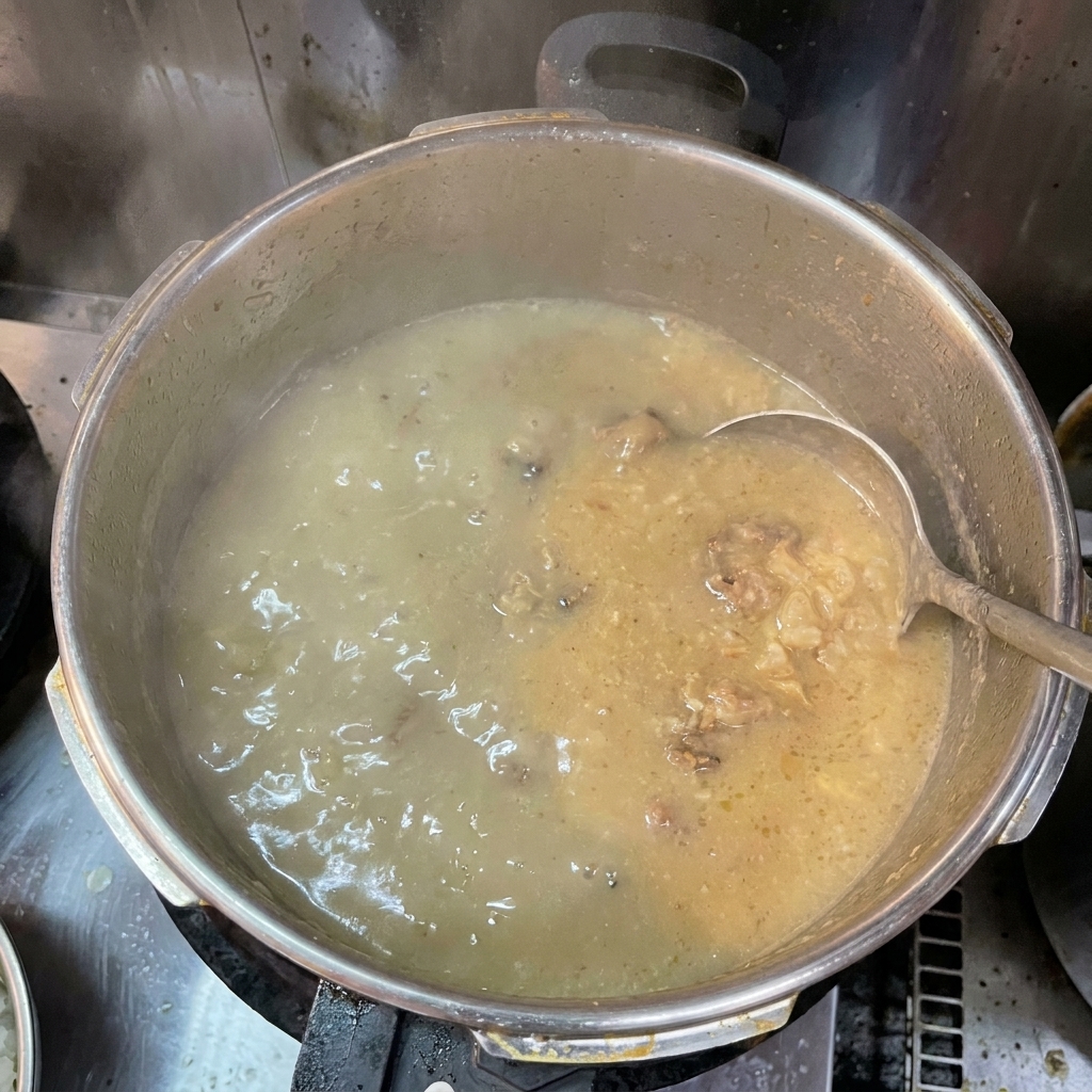 Brodo denso, opaco e cremoso che bolle vigorosamente in una pentola mescolato con un mestolo.