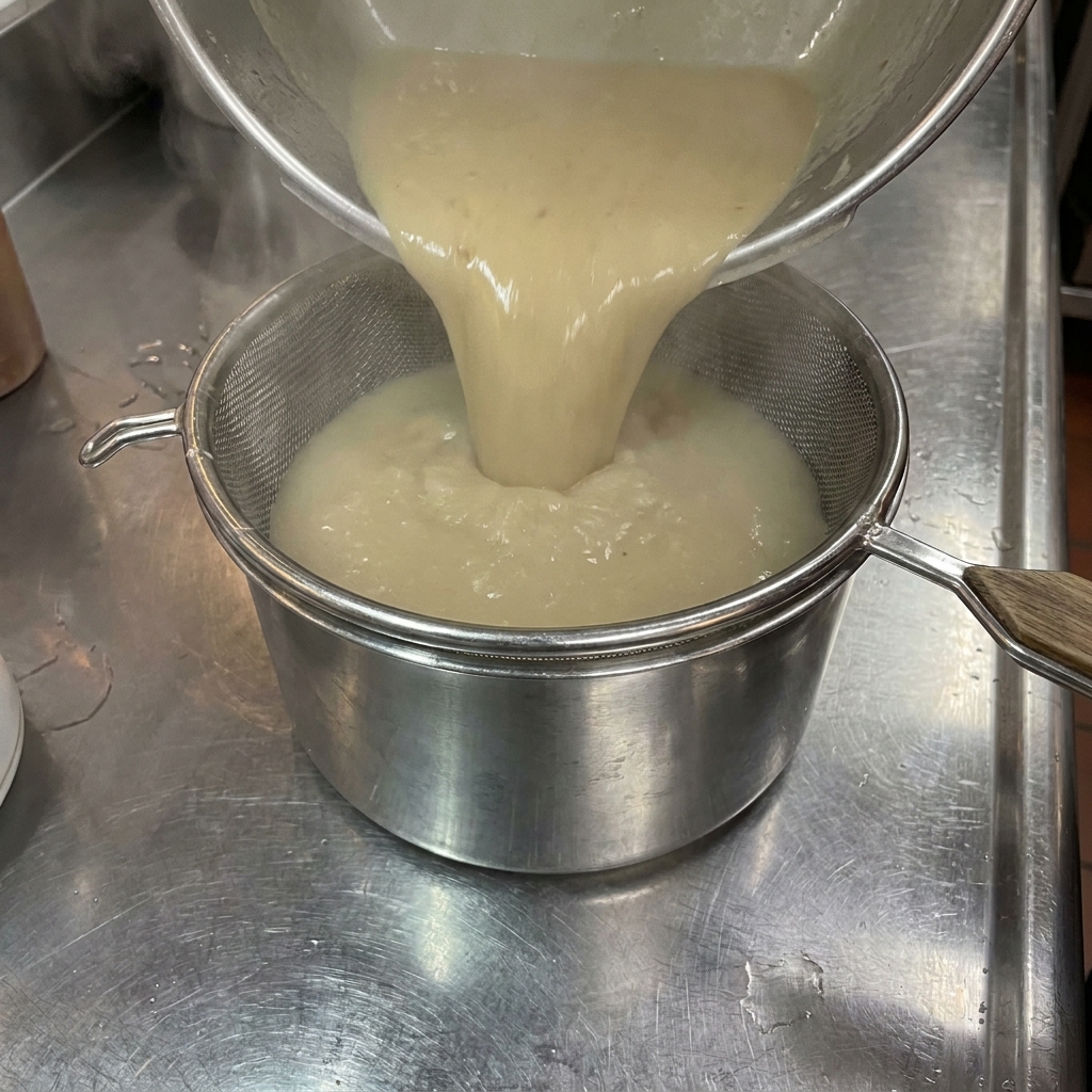 Brodo Tonkotsu denso versato attraverso un setaccio fine in una ciotola di acciaio.