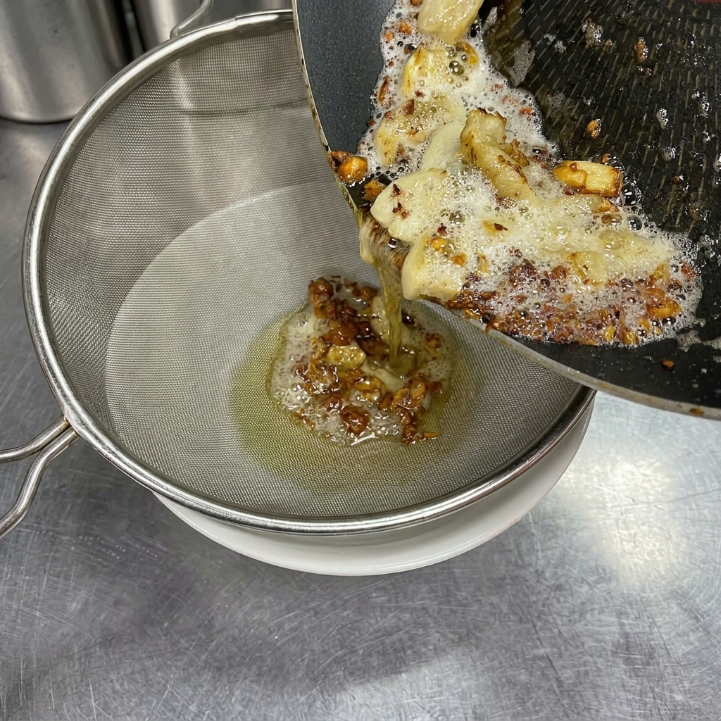 Olio dorato e aglio croccante versati attraverso un colino in una ciotolina pulita.