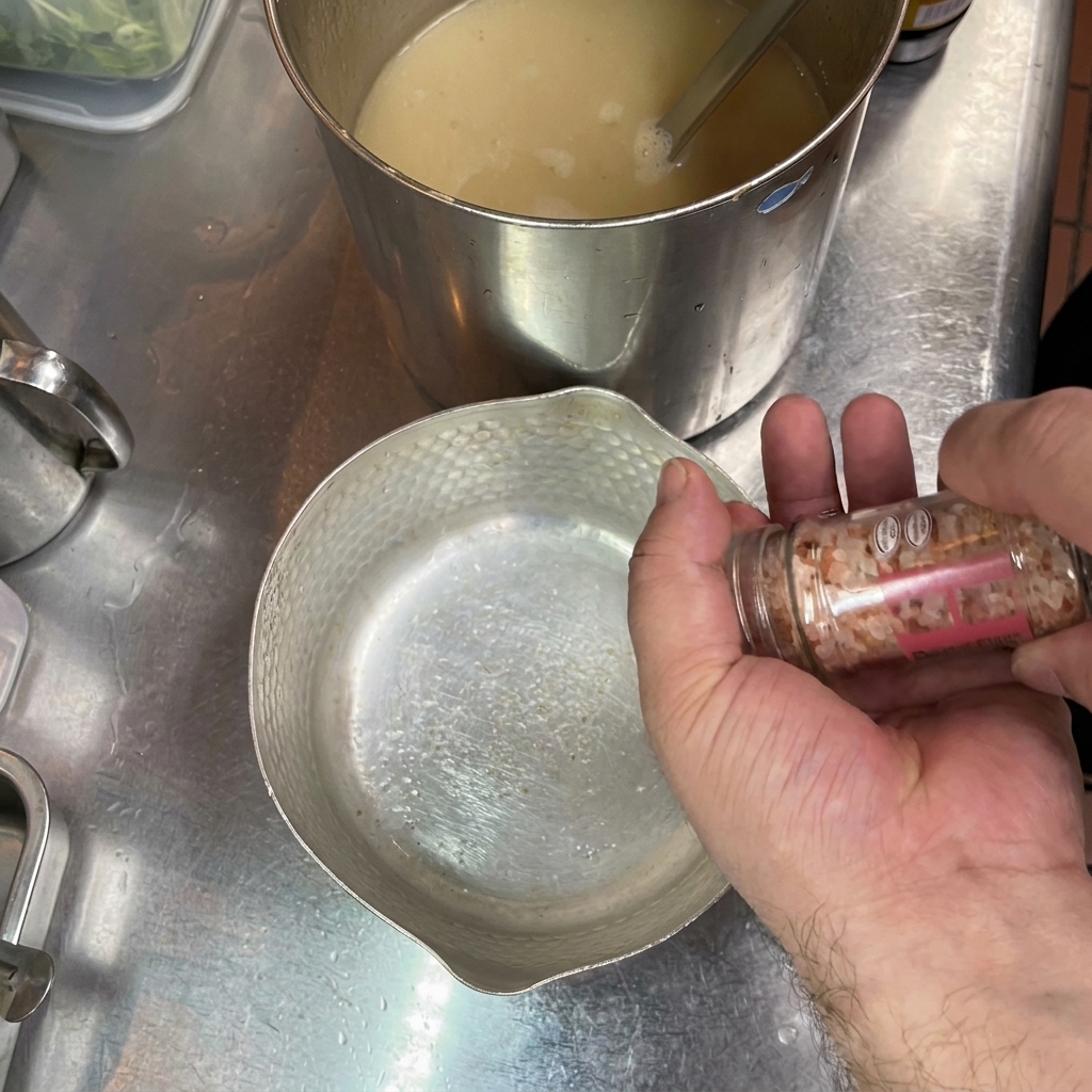 Mano che macina sale rosa in un pentolino accanto al brodo fumante.