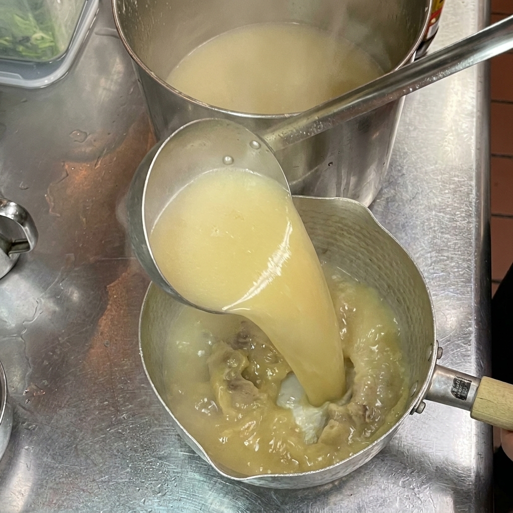 Brodo tonkotsu cremoso versato con un mestolo in una ciotola sopra i condimenti.
