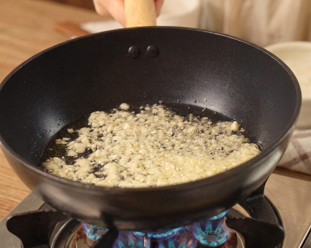 Aglio tritato che sfrigola nellolio sul fondo di un wok nero su fiamma a gas blu.