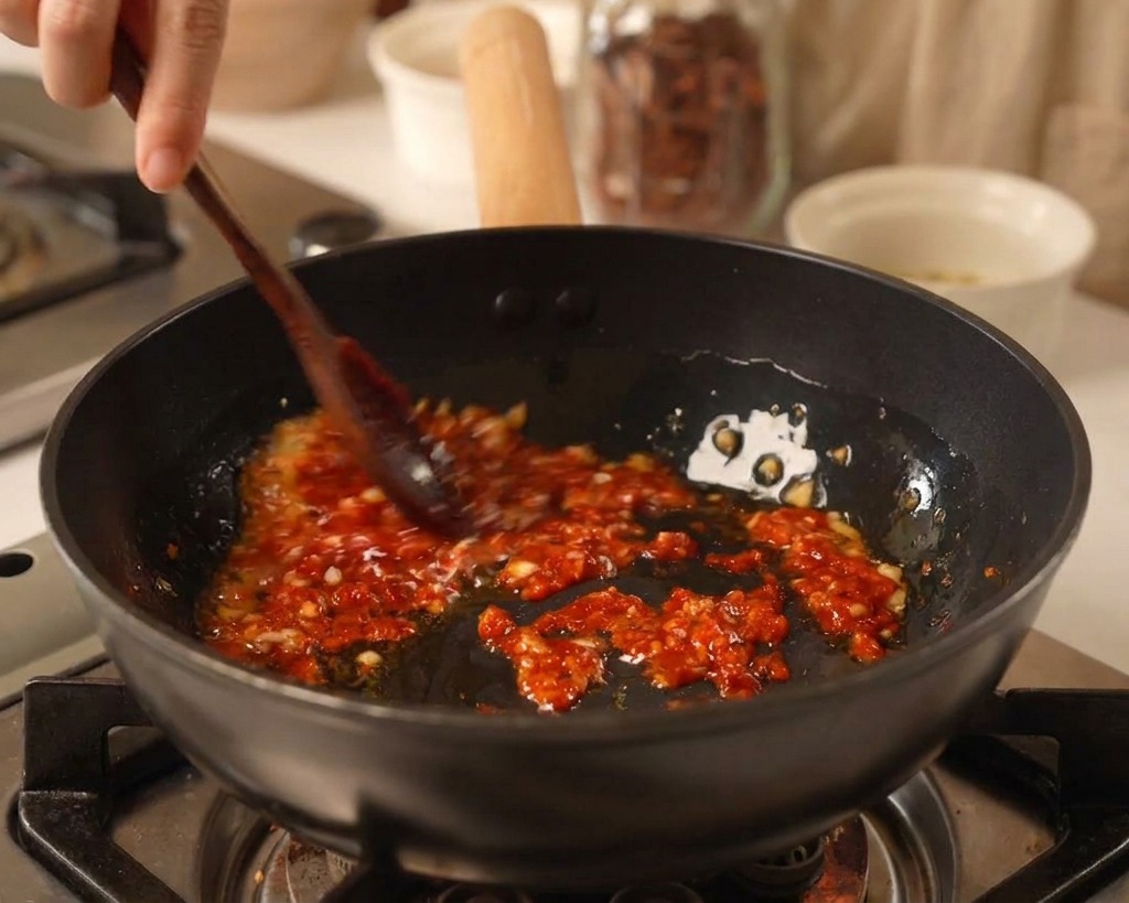 Aggiunta di una cucchiaiata di pasta di peperoncino coreana rosso vibrante allaglio soffritto in padella.