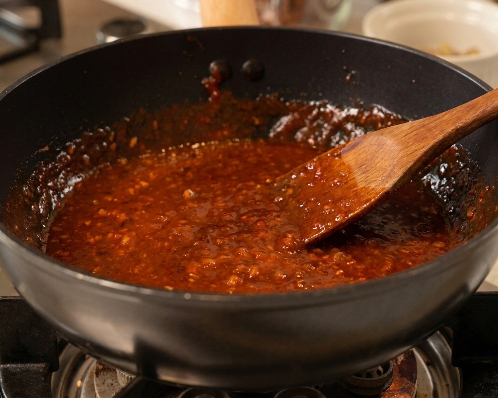 Una glassa al peperoncino densa e ribollente mescolata con una spatola in una padella nera.
