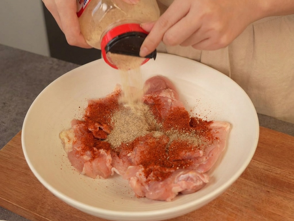 Aglio in polvere spolverato su sovracosce di pollo crudo condite con peperoncino in una ciotola bianca.