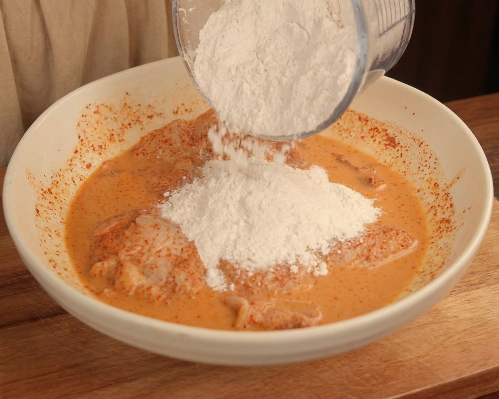 Farina bianca versata da un misurino in una ciotola con le sovracosce di pollo marinate.