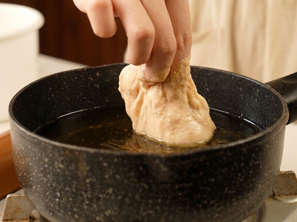 Una mano posiziona un pezzo di pollo impanato in una pentola nera con olio bollente.