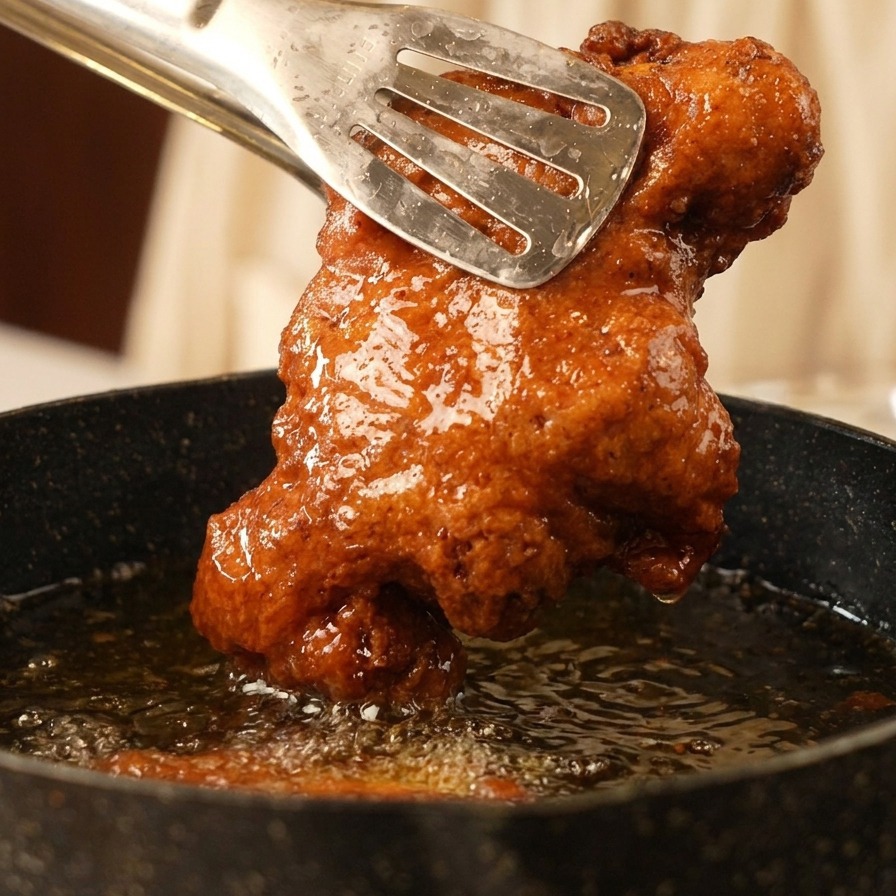 Pinze metalliche che tengono una sovracoscia di pollo fritto dorata e croccante sopra una pentola dolio.