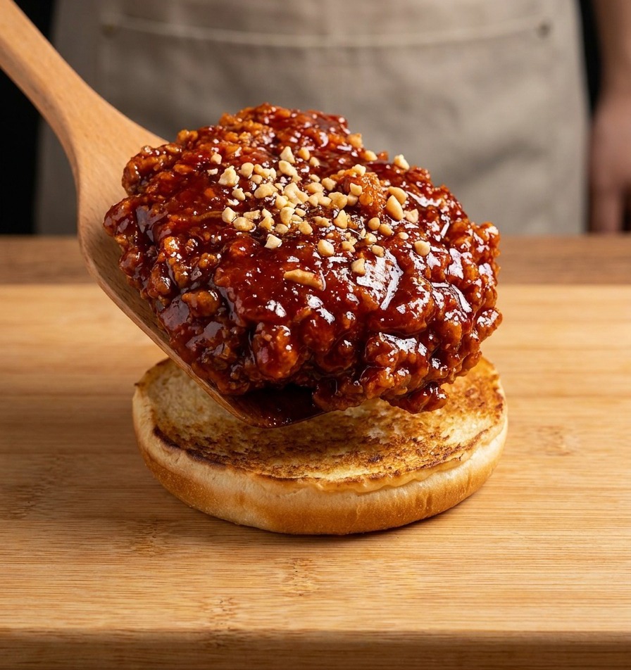 Una spatola posiziona un grande pezzo di pollo fritto coperto di glassa rossa e arachidi su un panino.