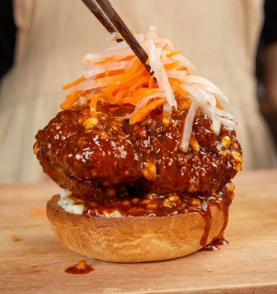 Bacchette che aggiungono carote e ravanelli a julienne sopra il burger di pollo glassato.