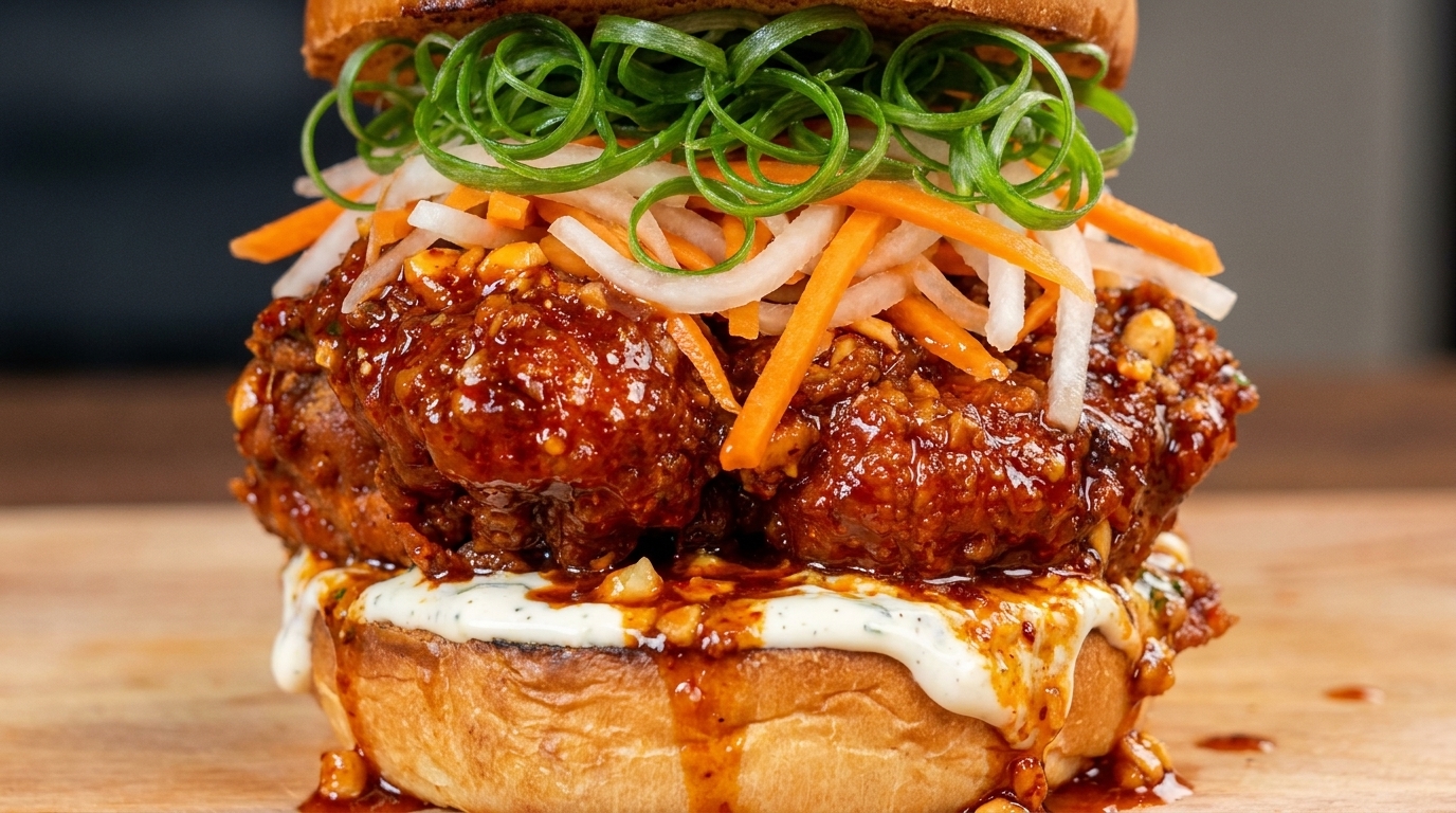 Burger di Pollo Fritto alla Coreana con Aglio Piccante e Slaw di Verdure