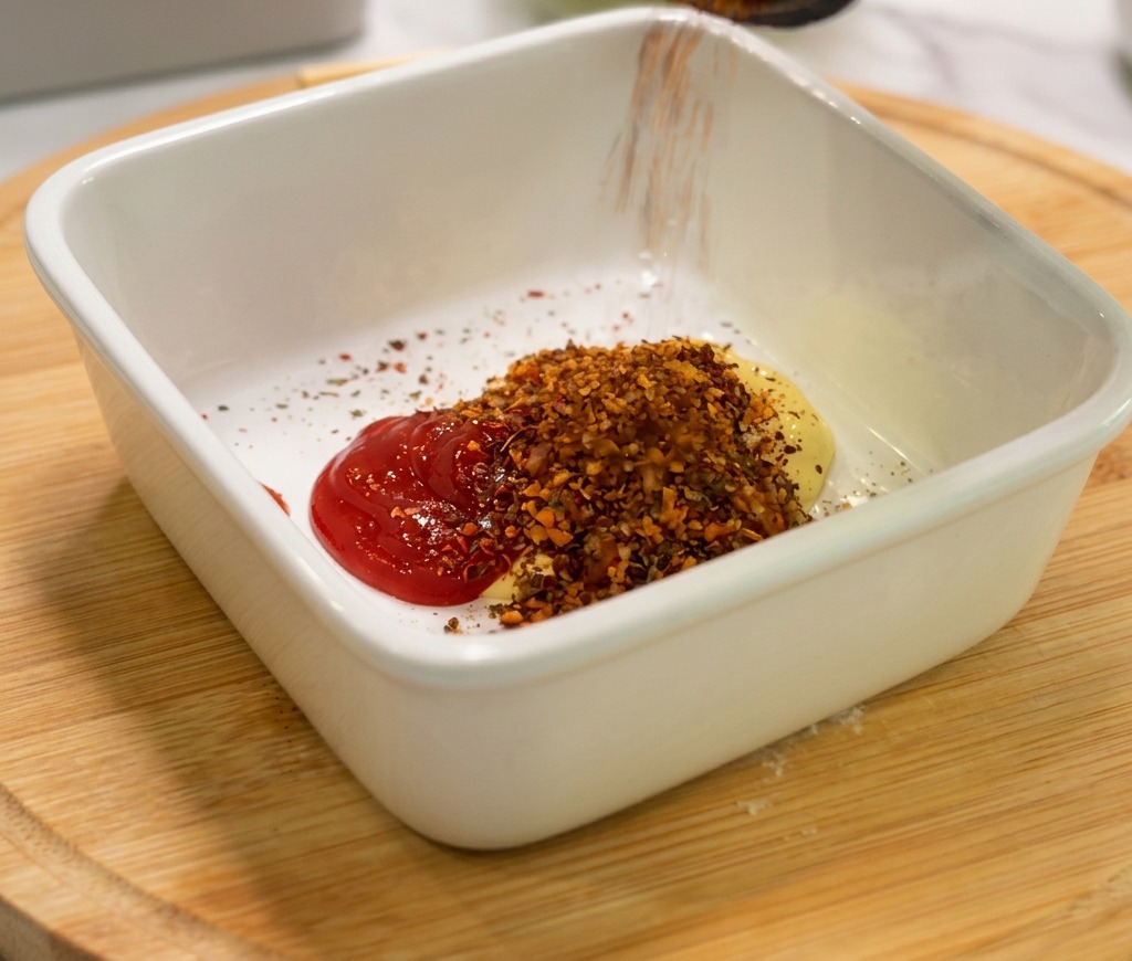 Mix di spezie rosso e arancione versato in una ciotola con maionese e ketchup.