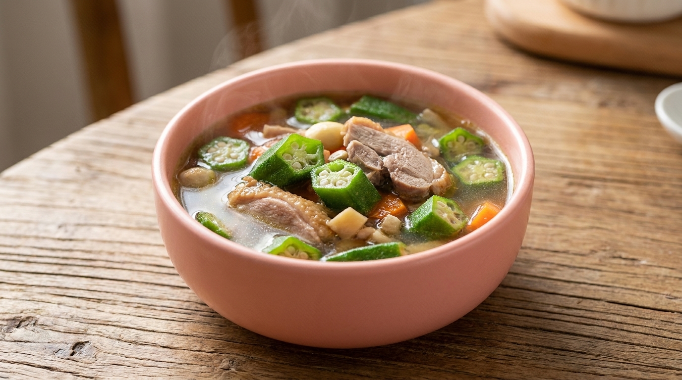 Una ciotola di nutriente zuppa di okra e anatra con un brodo chiaro e saporito.