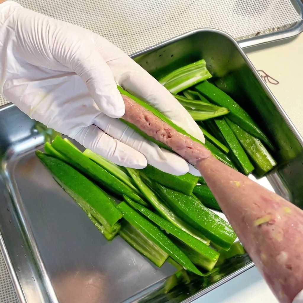 Una tasca da pasticcere riempie un baccello di okra con la pasta di carne macinata.