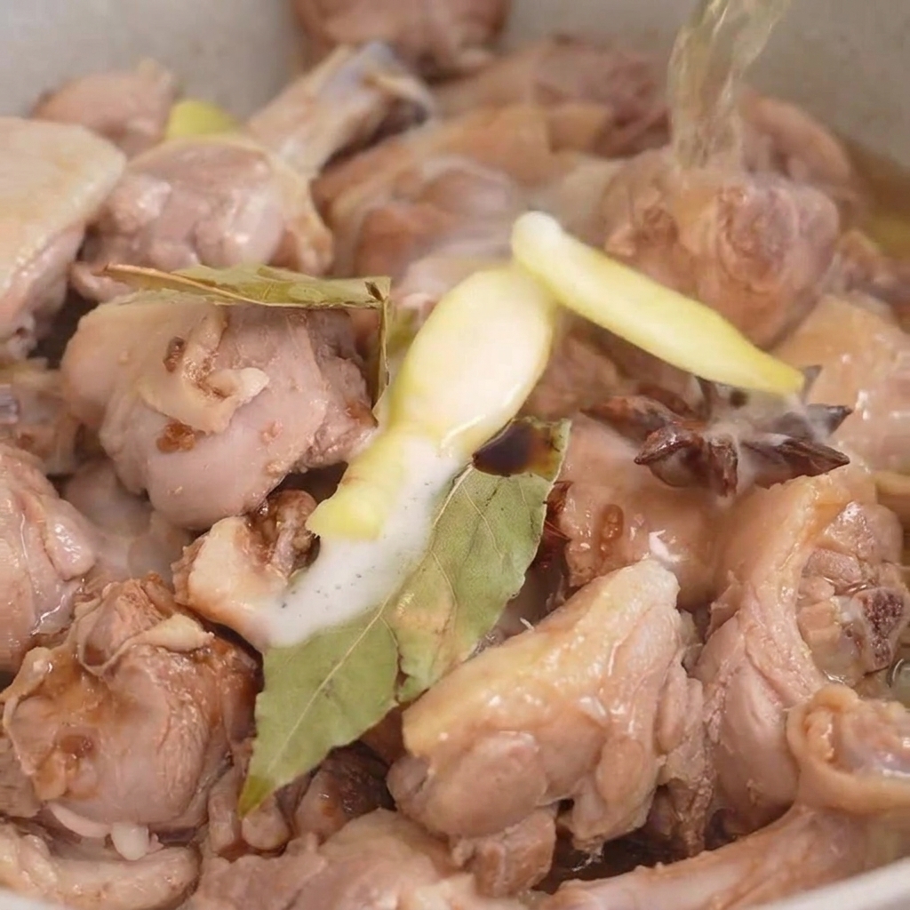 Liquido trasparente versato dallalto in una padella contenente carne danatra, foglie di alloro, anice stellato e zenzero a fette.