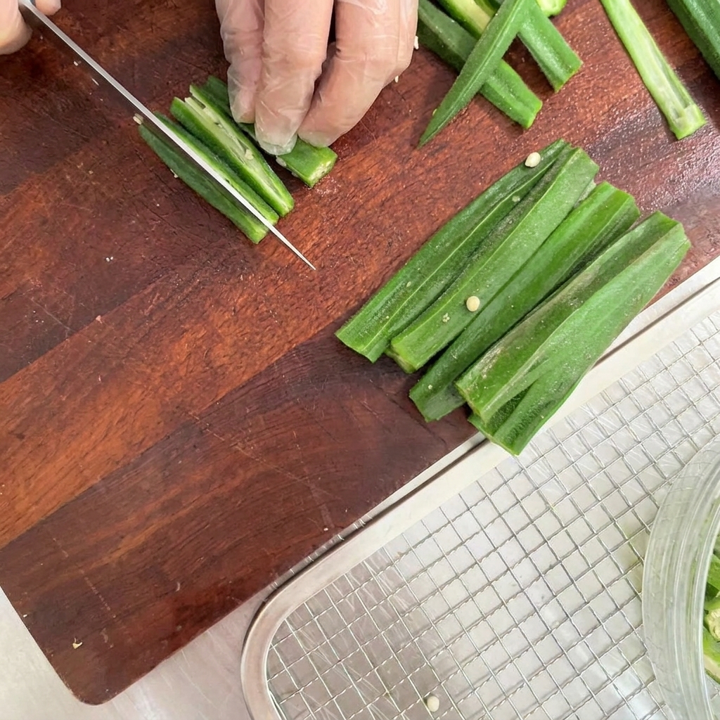 Baccelli di gombo appena spuntati tagliati a metà per il lungo su un tagliere di legno.