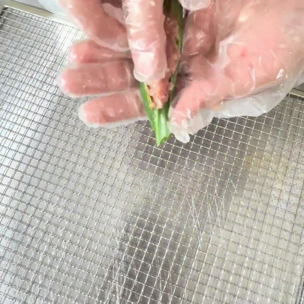 Una mano con un guanto per alimenti che farcisce un baccello di gombo tagliato a metà con il composto di anatra.