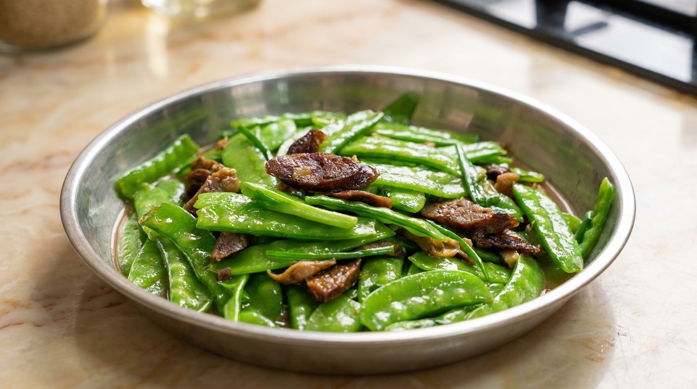Taccole saltate con salsiccia di fegato d'anatra
