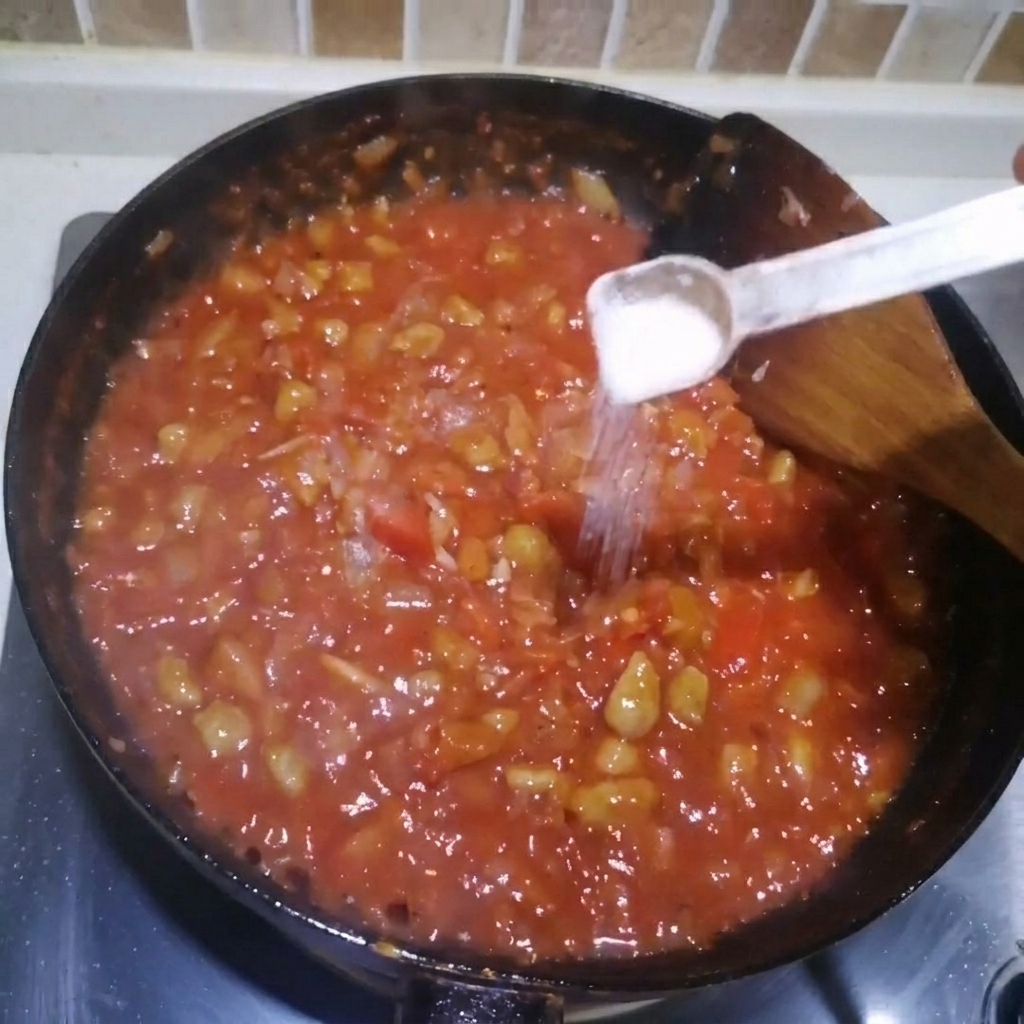 Un misurino contenente sale aggiunto a un denso sugo rosso che bolle in padella.