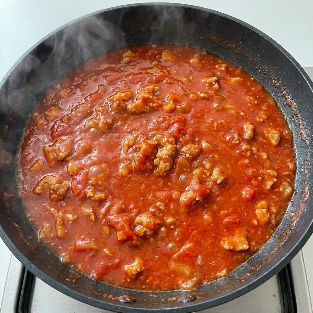 Primo piano di un sugo denso e bollente in padella condito con pepe nero macinato fresco.