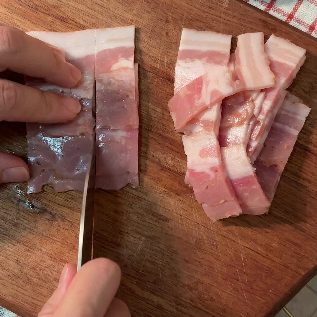 Dita che tengono ferma la pancetta cruda mentre un coltello la taglia a striscioline uniformi su un tagliere di legno.