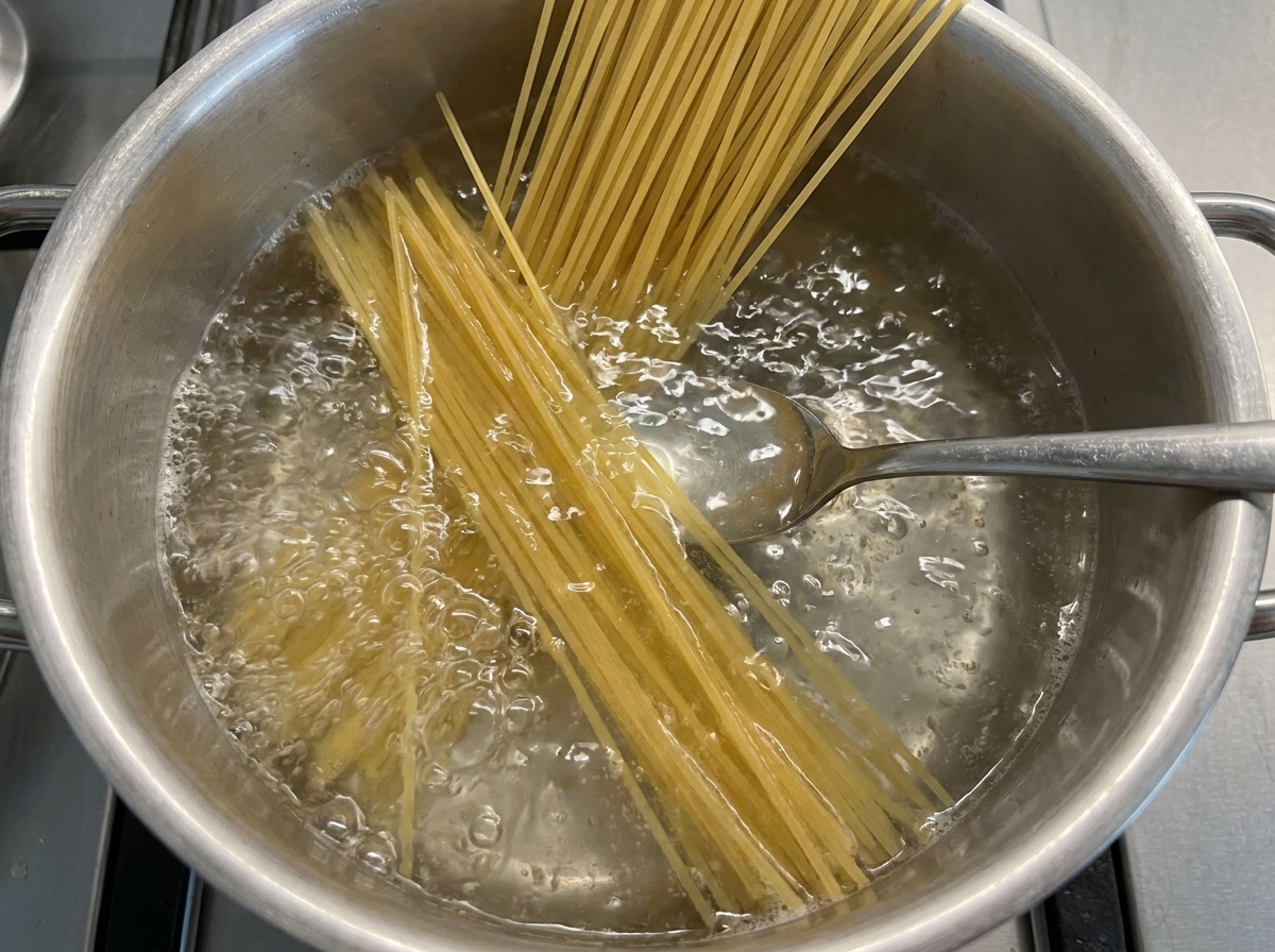 Spaghetti lunghi che vengono immersi in una pentola dacqua bollente con un cucchiaio di metallo.