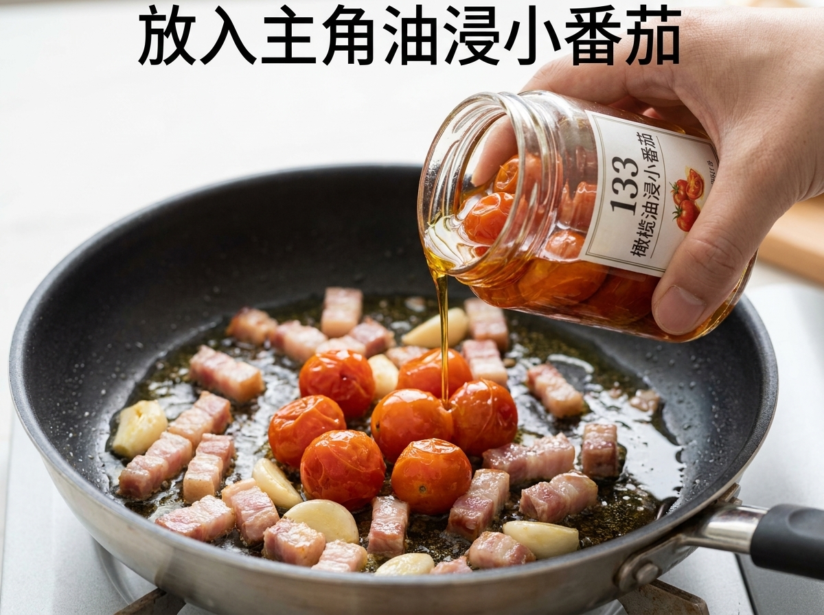 Pomodori secchi aggiunti in padella insieme alla pancetta e allaglio.