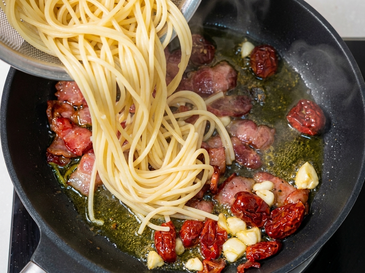 Spaghetti cotti aggiunti in padella con pancetta, pomodori e aglio.