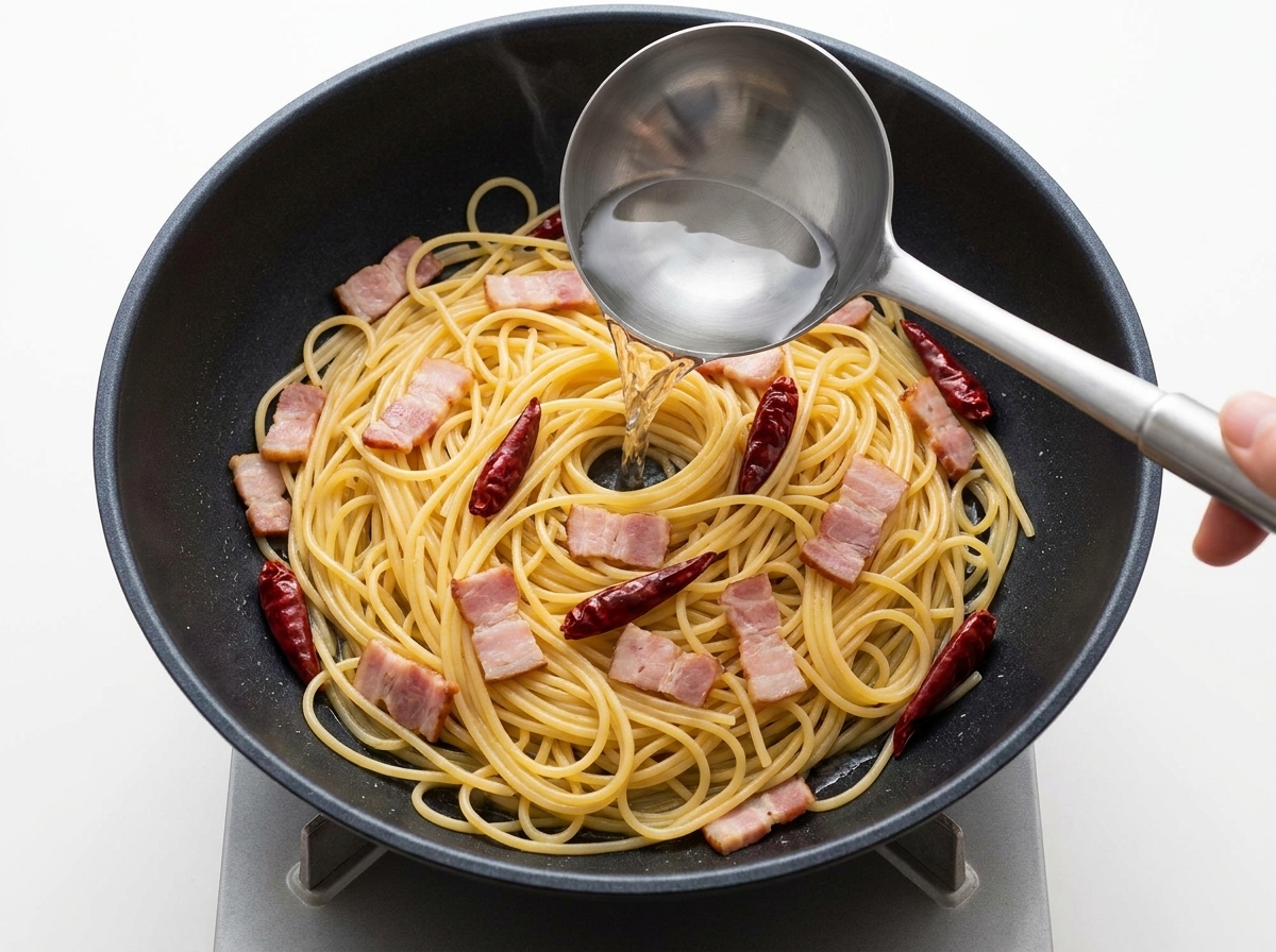 Un mestolo di acqua di cottura della pasta versato sugli spaghetti in padella.