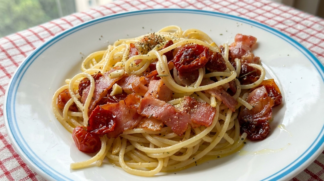 Spaghetti con Pomodori Secchi e Pancetta