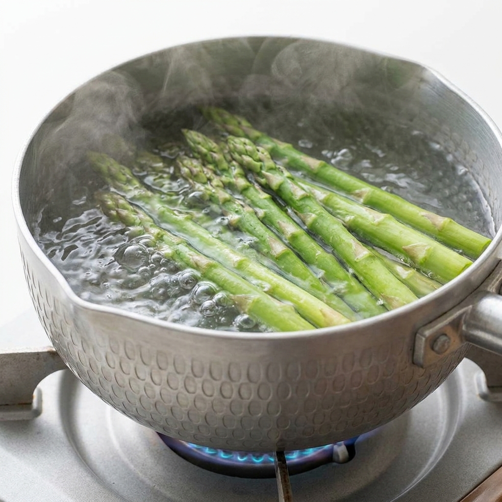 Asparagi verdi freschi sbollentati in una pentola dacqua bollente.