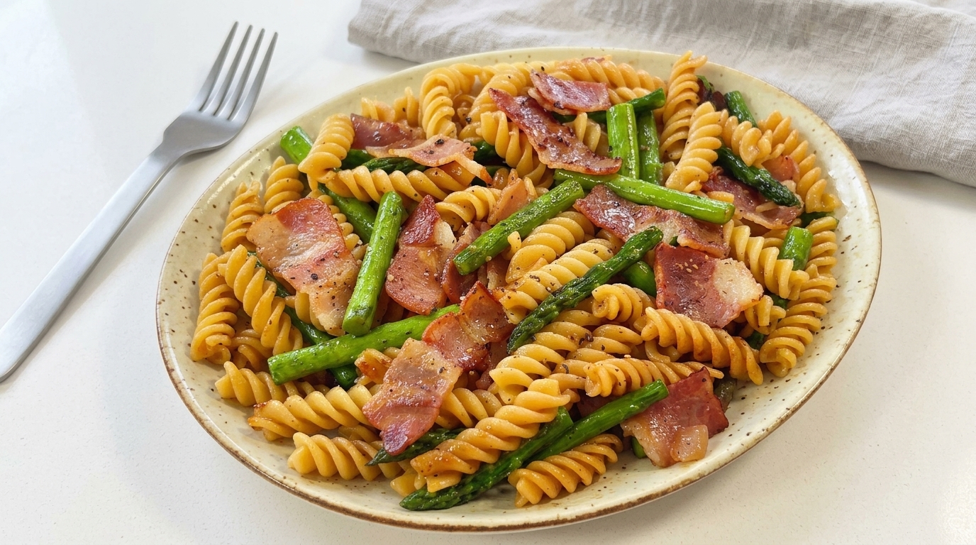Un piatto rustico di fusilli saltati con bacon croccante e asparagi dal verde brillante.
