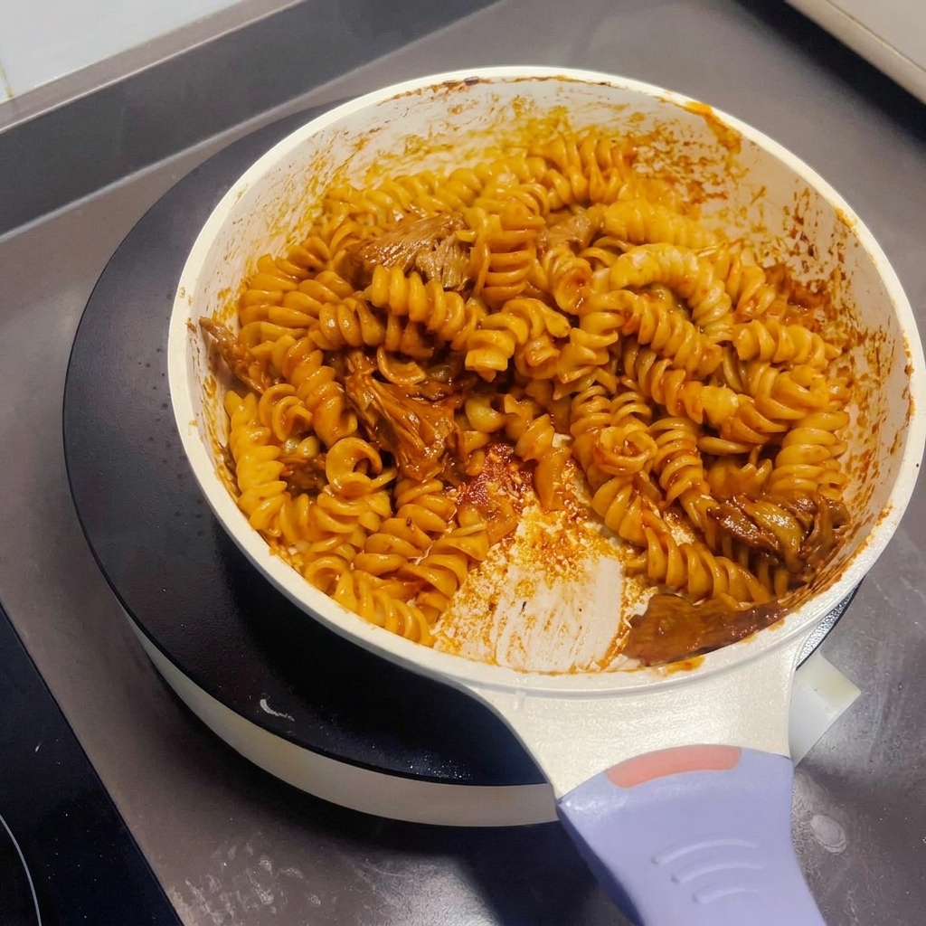 Il piatto finito di fusilli e manzo saltato mentre viene mescolato in padella con una spatola.