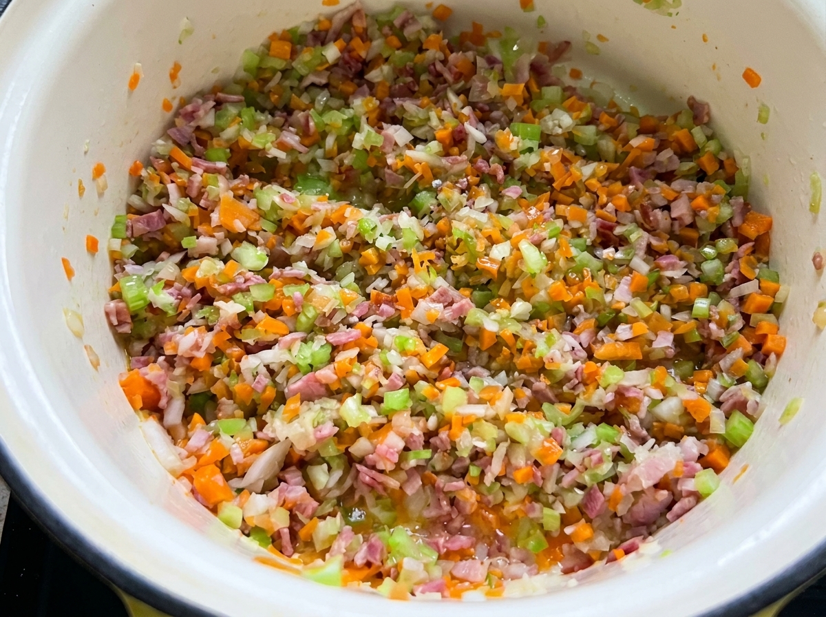 Carne macinata in cottura in una pentola con verdure, mescolata con un cucchiaio di legno.