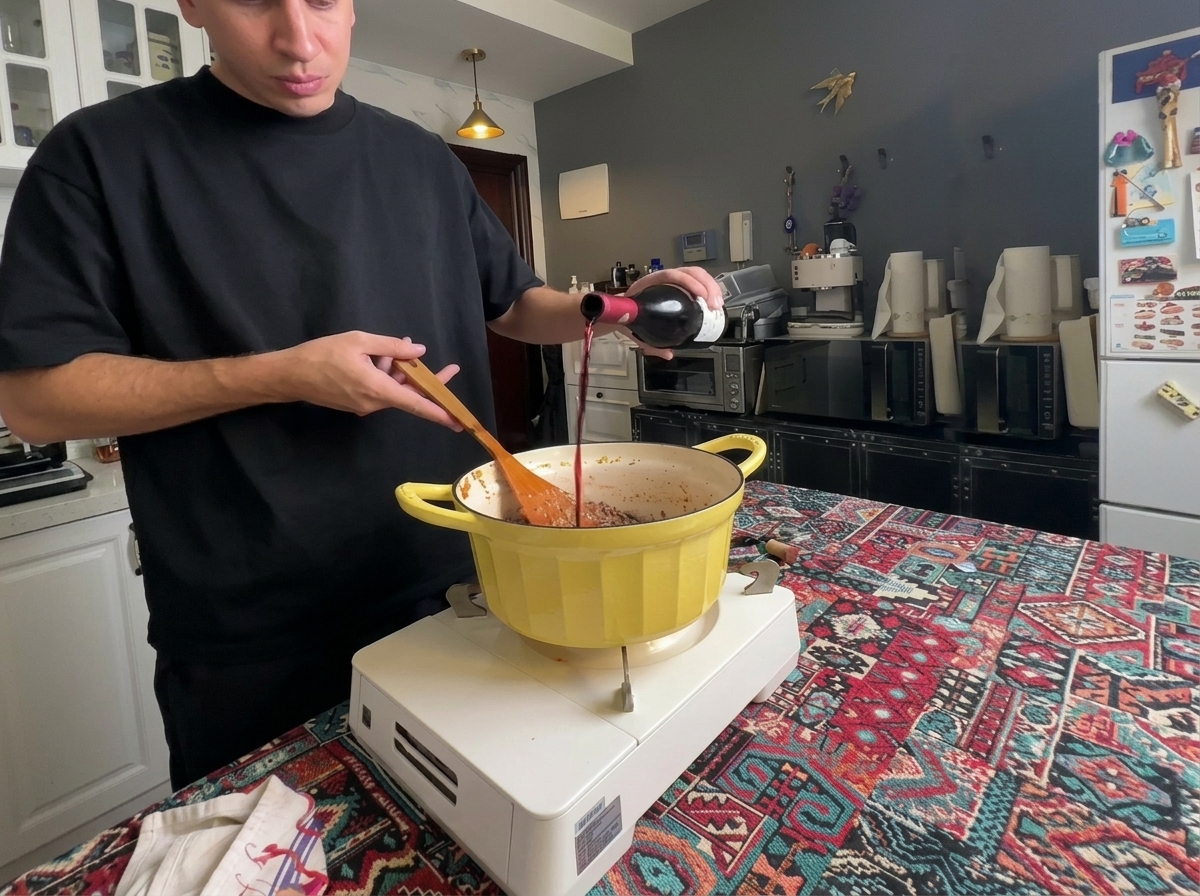 Vino rosso versato in una grande pentola gialla con carne rosolata e verdure.
