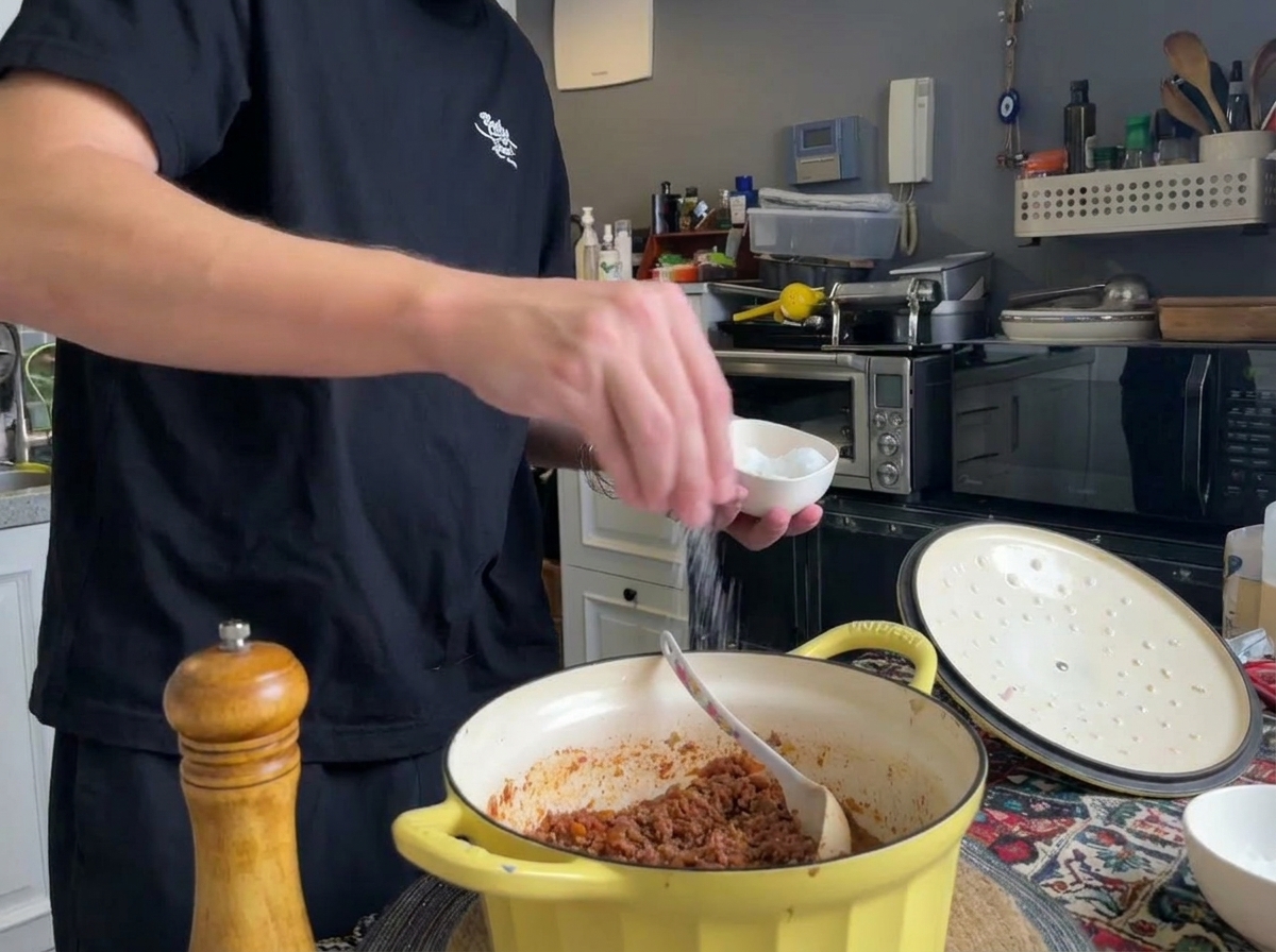Pepe nero macinato fresco e sale aggiunti a una pentola di ragù di carne pronto.