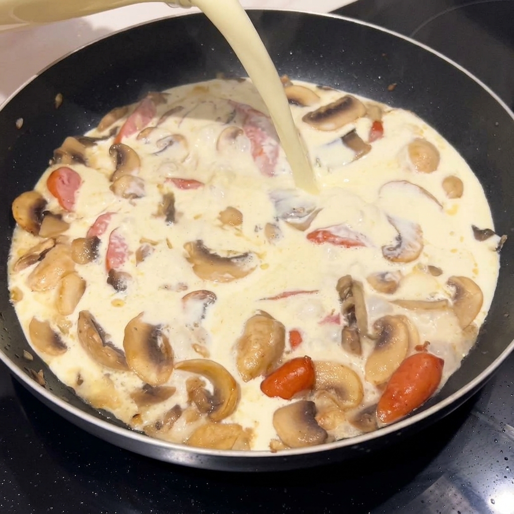 Panna versata in padella con laglio per creare la base.