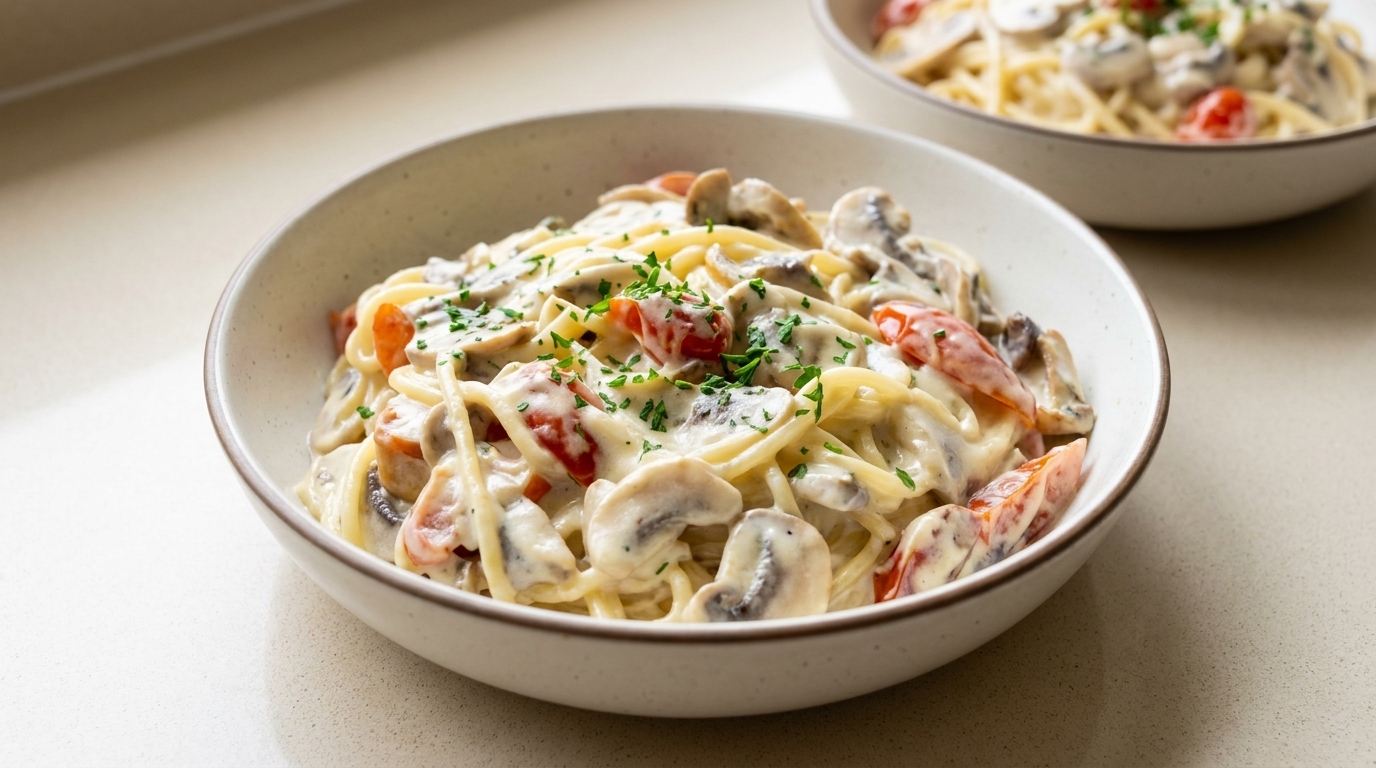 Pasta Cremosa con Funghi e Pomodorini