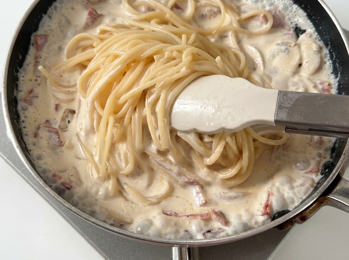 Spaghetti aggiunti alla crema in padella.