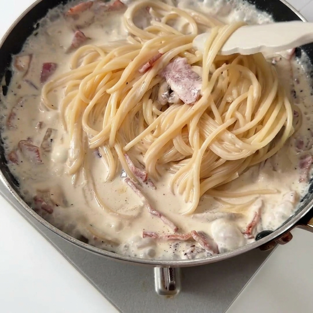 Spaghetti ben conditi in padella pronti per essere serviti.
