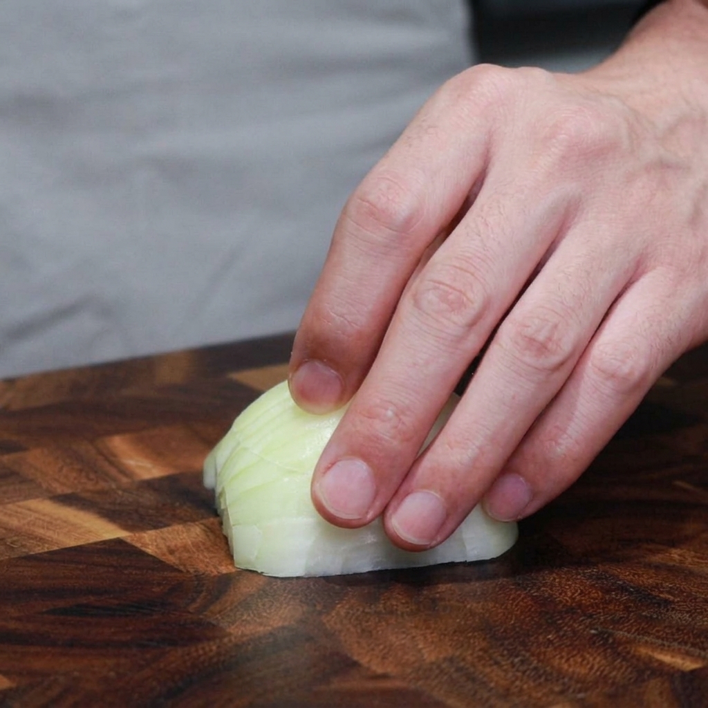 Cipolla e aglio finemente tritati su un tagliere di legno.
