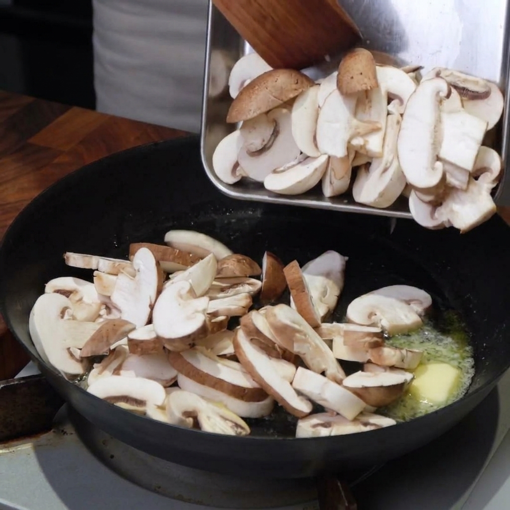 Fette di funghi aggiunte in una padella calda con burro e olio fuso.