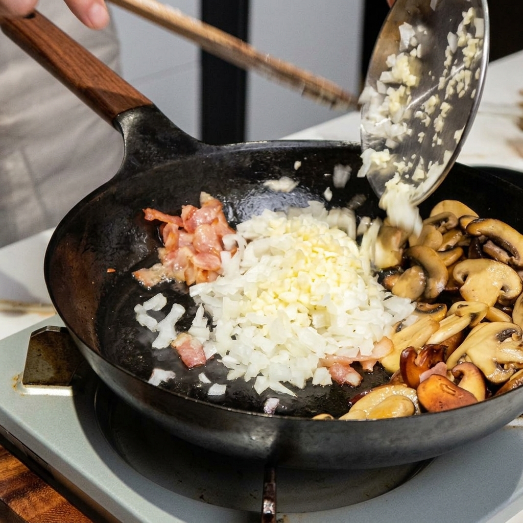 Cipolla e aglio tritati aggiunti in padella insieme al bacon e ai funghi.