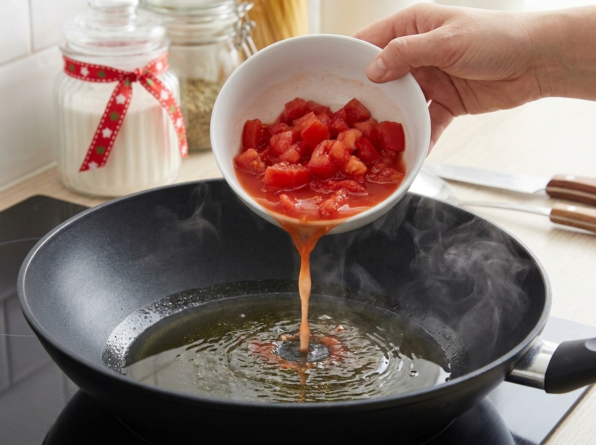 Polpa di pomodoro versata in una padella con olio caldo.