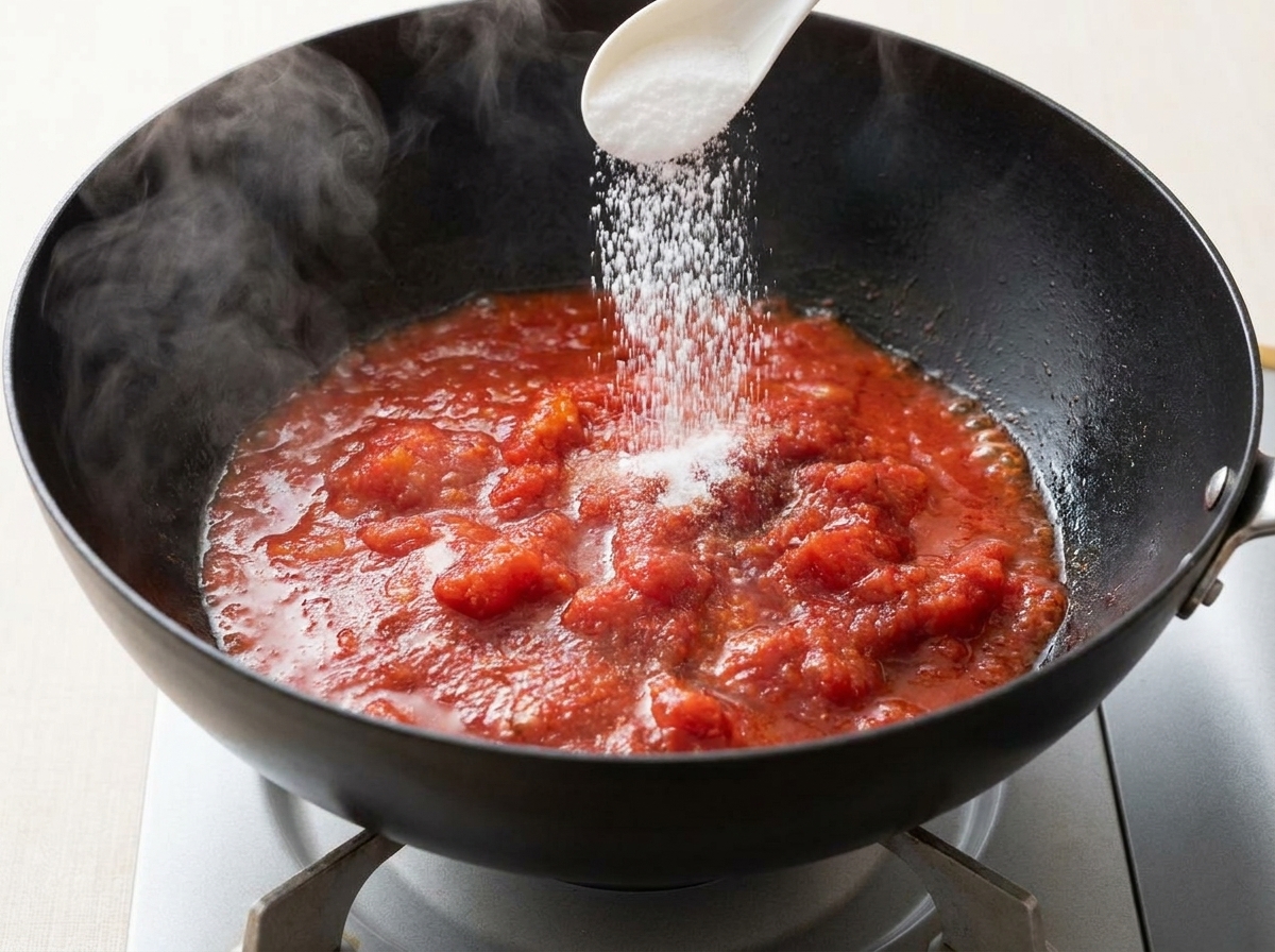 Aggiunta di sale e concentrato di pomodoro al sugo in padella.