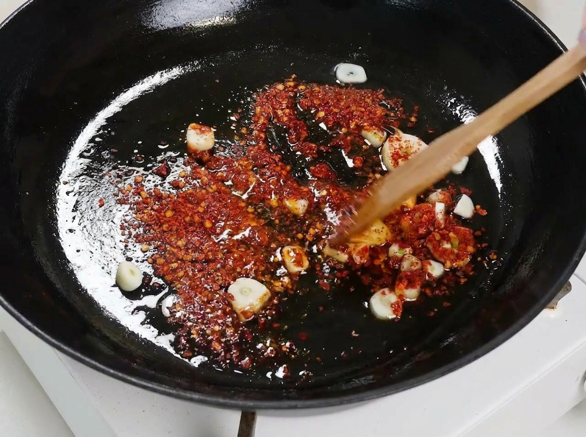 Spaghetti crudi disposti in padella e pressati con una spatola.