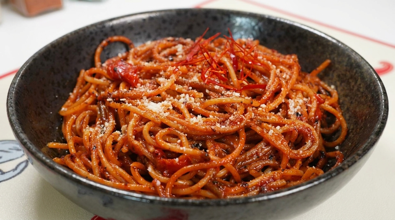 Un piatto di Spaghetti allAssassina, finiti con una spolverata di formaggio e fili di peperoncino.